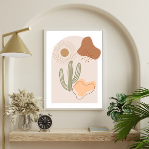 Boho Shapes Abstract Beige Terracotta Sun Cactus Poster