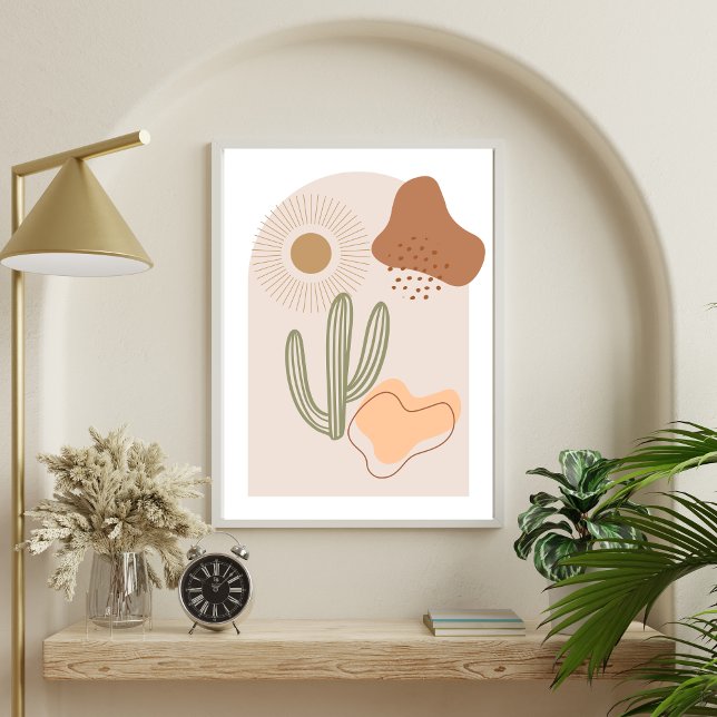 Boho Shapes Abstract Beige Terracotta Sun Cactus Poster (Boho Abstract Shapes Cactus Sun, Beige Brown Peach Terracotta Wall art poster print)