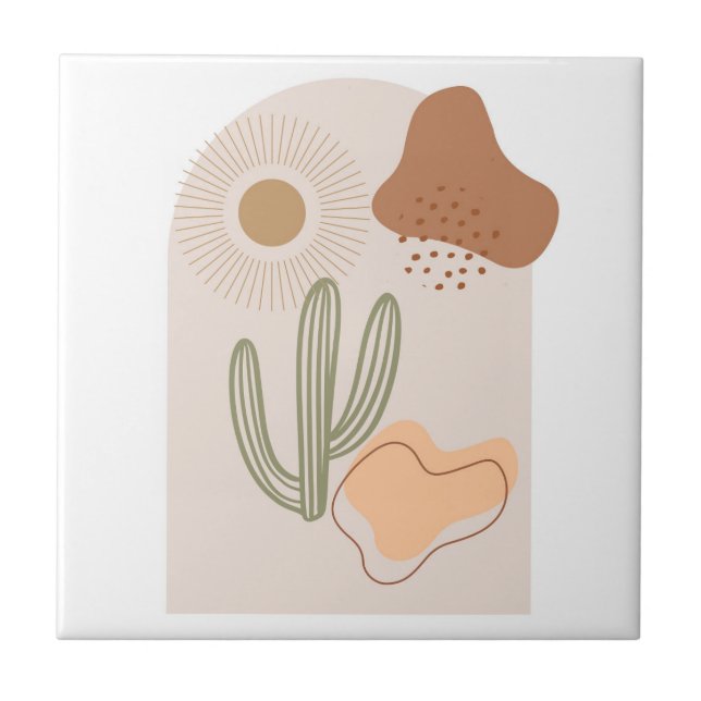Boho Shapes Abstract Beige Terracotta Sun Cactus Tile (Front)