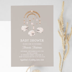 Boho Sheep Mobile Warm Grey Neutral Baby Shower Invitation