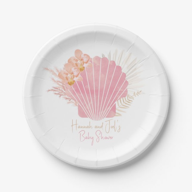 Boho Shell Baby Girl Baby Shower Paper Plate (Front)