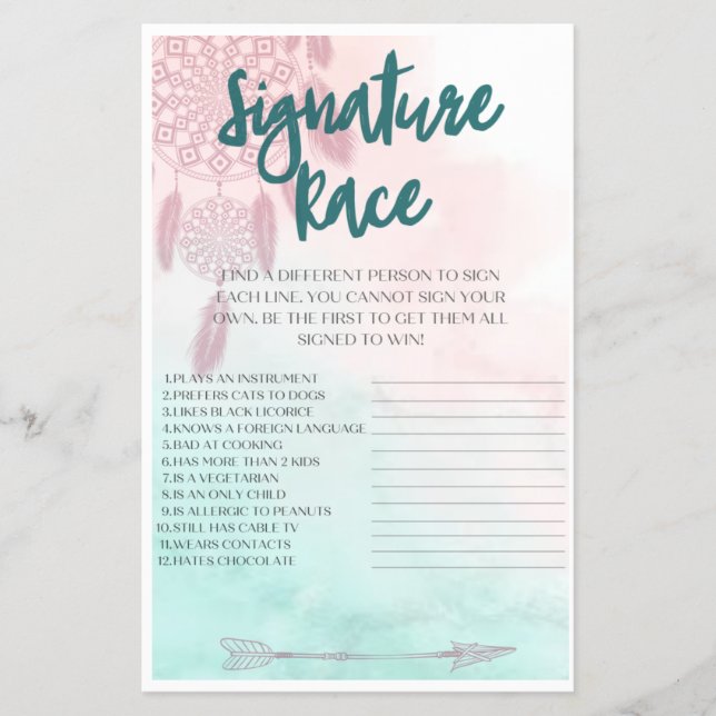Boho Signature Race Baby Shower Game Flyer (Front)