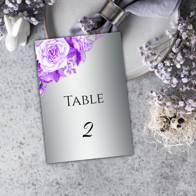 Boho Silver and Purple Roses Wedding  Table Number (Creator Uploaded)