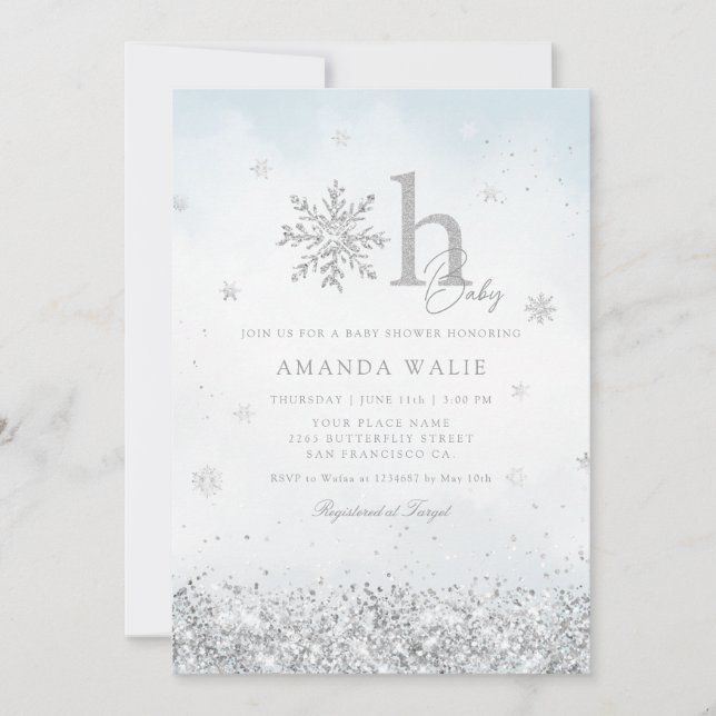 Boho Silver Glitter Snowflake Winter Baby Shower  Invitation (Front)