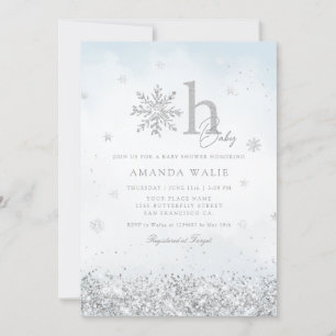 Boho Silver Glitter Snowflake Winter Baby Shower Invitation