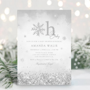 Boho Silver Glitter Snowflake Winter Baby Shower  Invitation