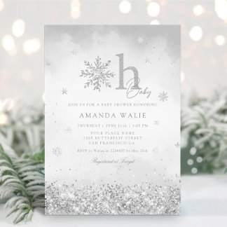 Boho Silver Glitter Snowflake Winter Baby Shower Invitation