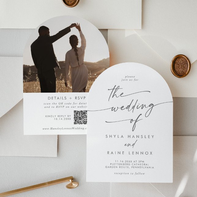 Boho Silver Grey Photo QR Code Arch Wedding Invitation (Creator Uploaded)