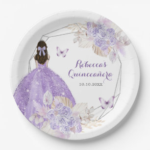 Boho Silver Purple Floral Butterfly Quinceañera Paper Plate