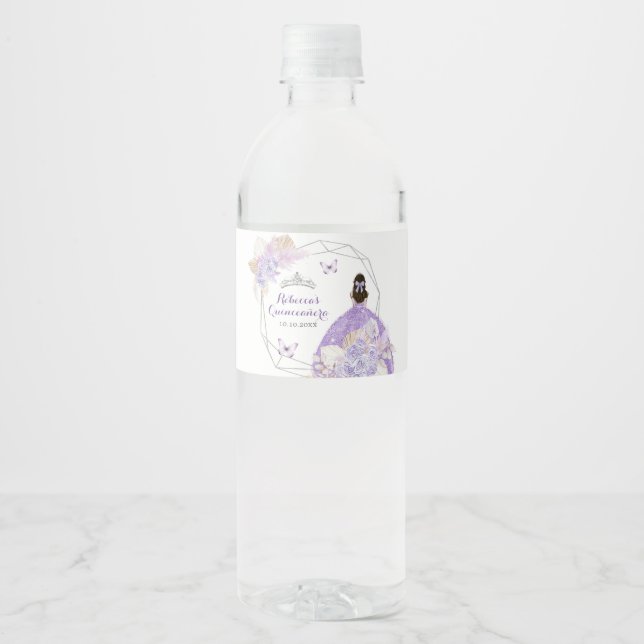 Boho Silver Purple Floral Butterfly Quinceañera Water Bottle Label (Front)