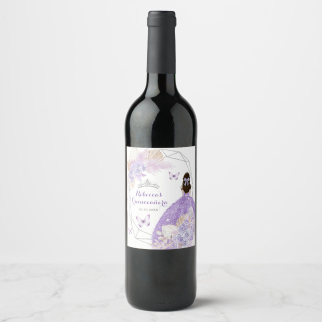 Boho Silver Purple Floral Butterfly Quinceañera Wine Label (Front)