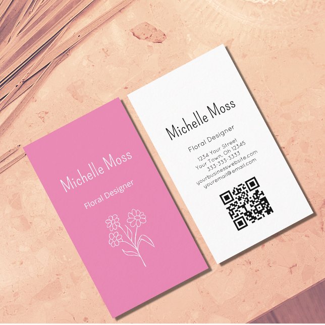 Boho Simple Daisy Pink QR code Floral Designer Business Card (Creator Uploaded)