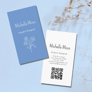 Boho Simple Daisy QR code Graphic Designer Blue Business Card