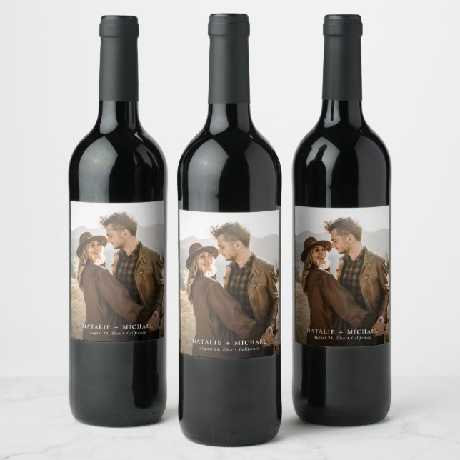 Boho Simple Minimalist Wedding Photo Wine Label (Bottles)