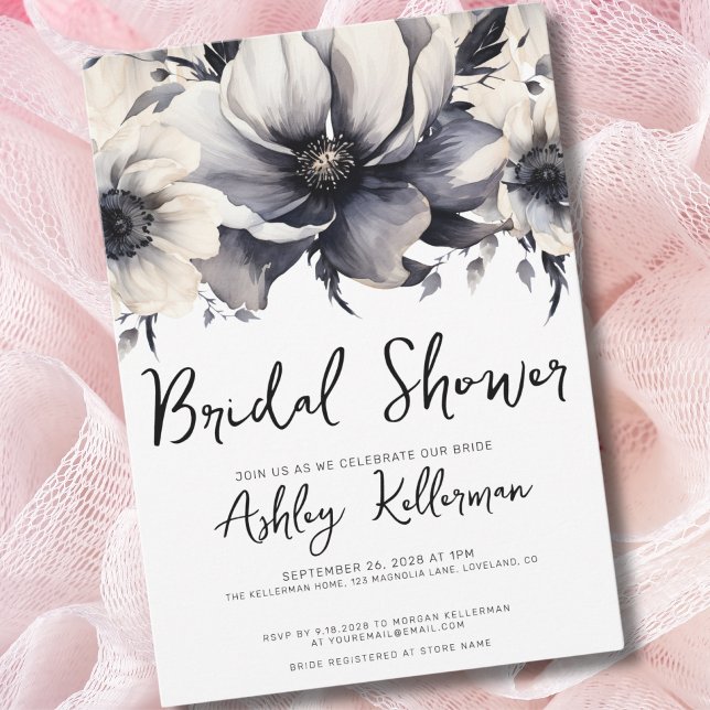 Boho Simple Modern Floral Bridal Shower Invitation (Boho Elegant Floral Black White Bridal Shower Invitation)