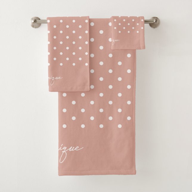 Boho Simple Modern Girly Polka Dot Neutral Pink Bath Towel Set (Insitu)