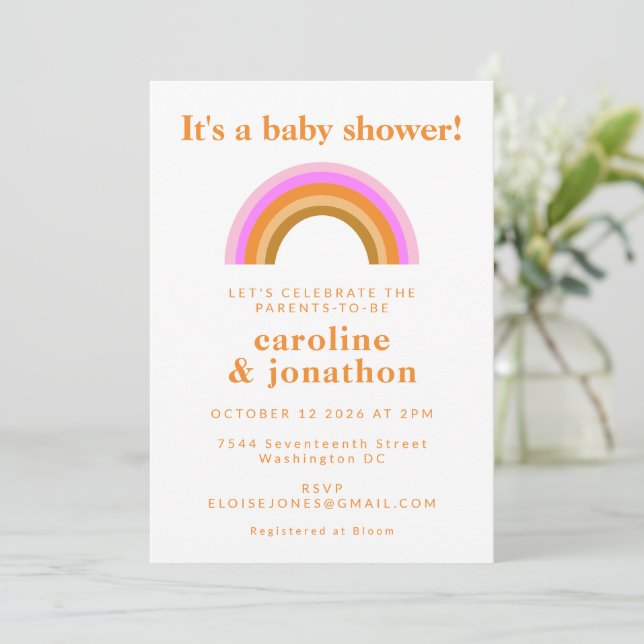 Boho Simple Pink Orange Rainbow Couple Baby Shower Invitation (Standing Front)