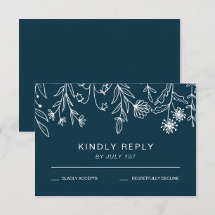 Boho Simple Wildflower Navy Blue Wedding RSVP Card