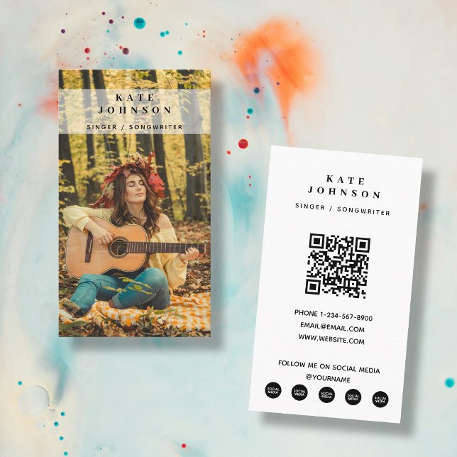 Boho Singer Musician Photo Social Media QR Code Business Card (Boho Singer Musician Photo Social Media QR Code Business Card)