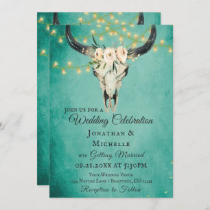 Boho Skull and Lights Turquoise All In One Wedding Invitation