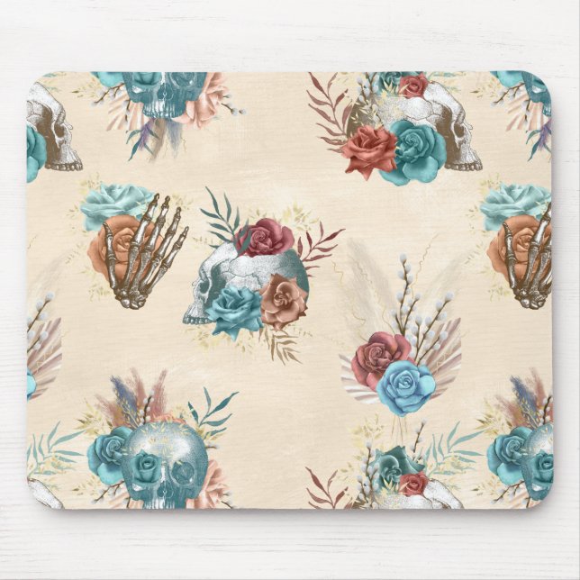Boho Skull and Skeleton with Flowers Mouse Mat (Front)