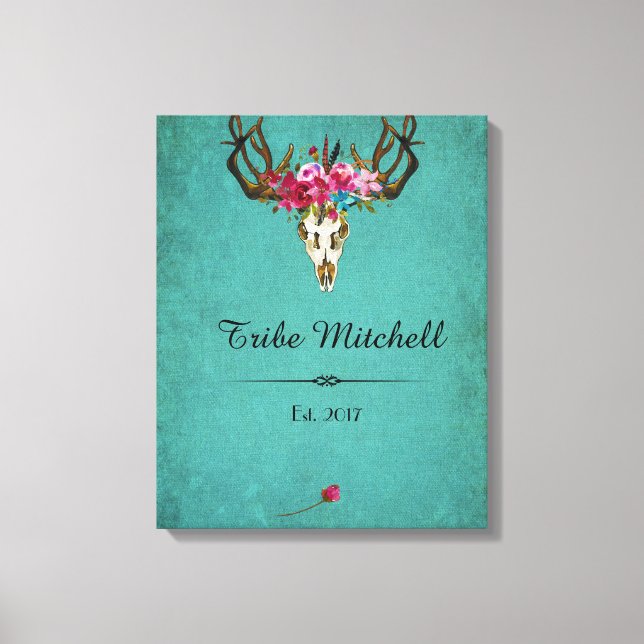 Boho Skull Flowers Family Name Wall Canvas Print (Front)