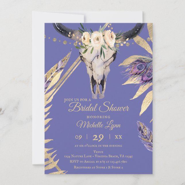 Boho Skull Geometric Periwinkle Gold Bridal Shower Invitation (Front)