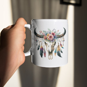 Boho Skull Native American Indian Colourful Feathe Coffee Mug