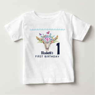 Boho Skull with Butterflies and Flowers Birthday Baby T-Shirt