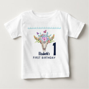 Boho Skull with Butterflies and Flowers Birthday Baby T-Shirt