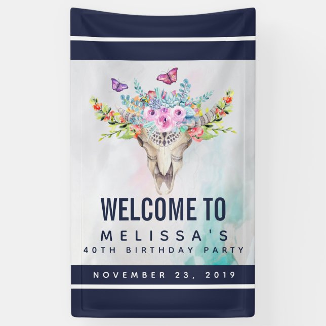 Boho Skull with Butterflies and Flowers Birthday Banner (Vertical)