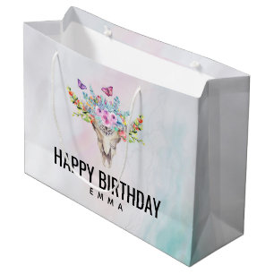 Boho Skull with Butterflies and Flowers Birthday Large Gift Bag