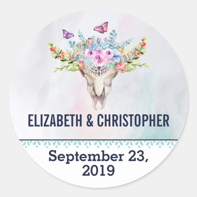Boho Skull with Florals Wedding Save the Date Classic Round Sticker (Front)