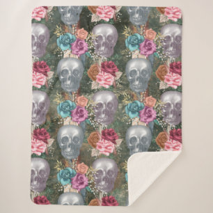Boho Skull with Flowers Sherpa Blanket