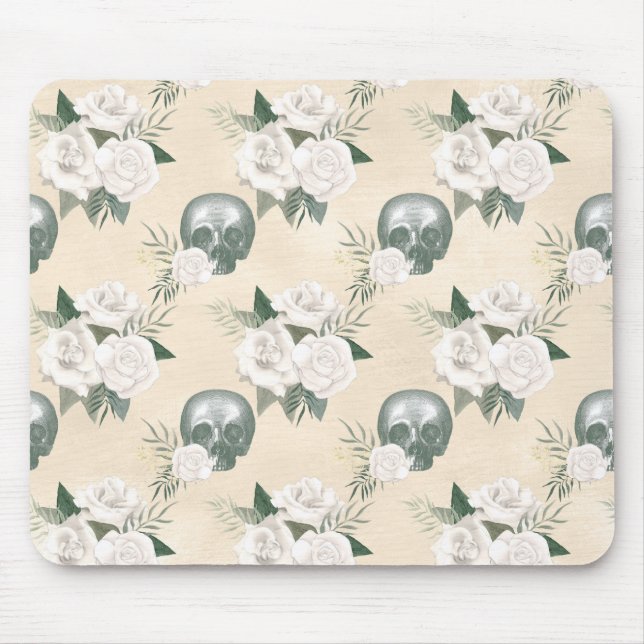 Boho Skull with White Roses Mouse Mat (Front)