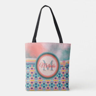 Boho Sky Teal, Orange & Pink Pattern  Tote Bag