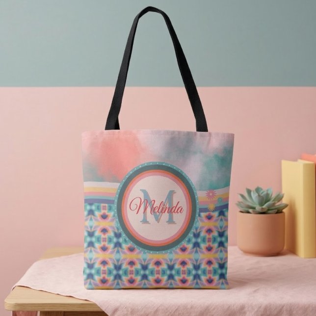 Boho Sky Teal, Orange & Pink Pattern  Tote Bag (Creator Uploaded)