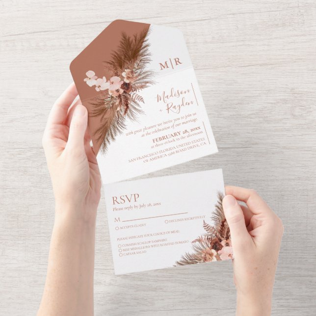 Boho Slant Floral Pampas Grass Terracotta Wedding All In One Invitation (Tearaway)