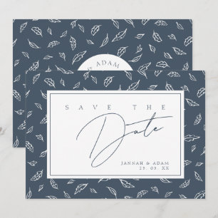 Boho Slate Blue Leaf Monogram Save The Date