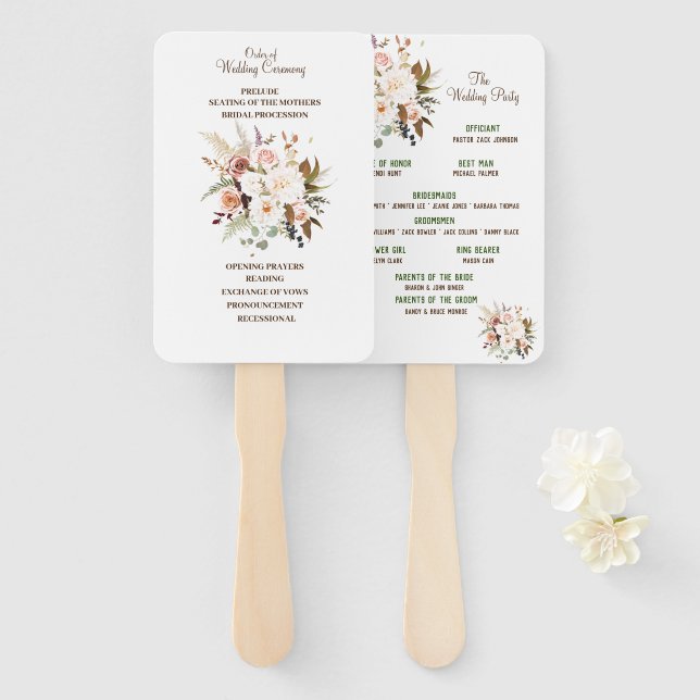 Boho Soft Coloured Rose Wedding Program Fans (Front and Back)