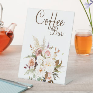Boho Soft Coloured Rose/White Flowers Coffee Bar Pedestal Sign