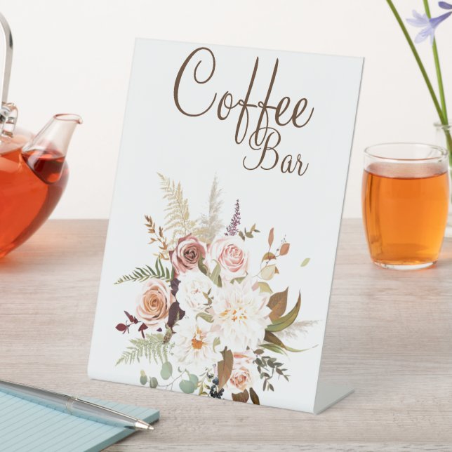 Boho Soft Coloured Rose/White Flowers Coffee Bar Pedestal Sign (In SItu)
