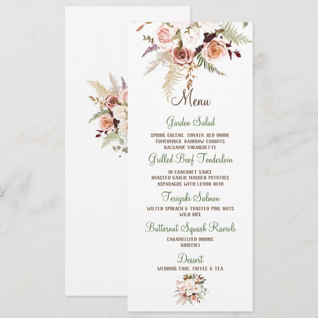Boho Soft Coloured Rose/White Flowers Wedding Menu Invitation (Front/Back)