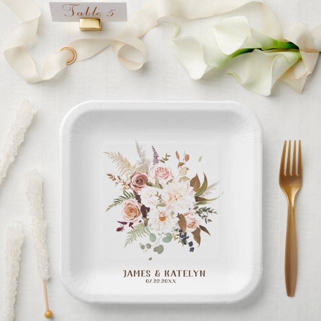 Boho Soft Coloured Rose/White Flowers Wedding Paper Plate (Wedding)