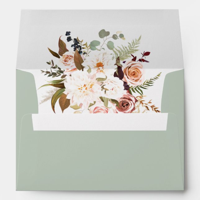 Boho Soft Coloured Roses/White Flowers Wedding Envelope (Back (Bottom))