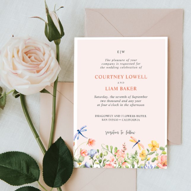 BOHO soft Flowers and Dragonflies Garden Wedding Invitation (Creator Uploaded)