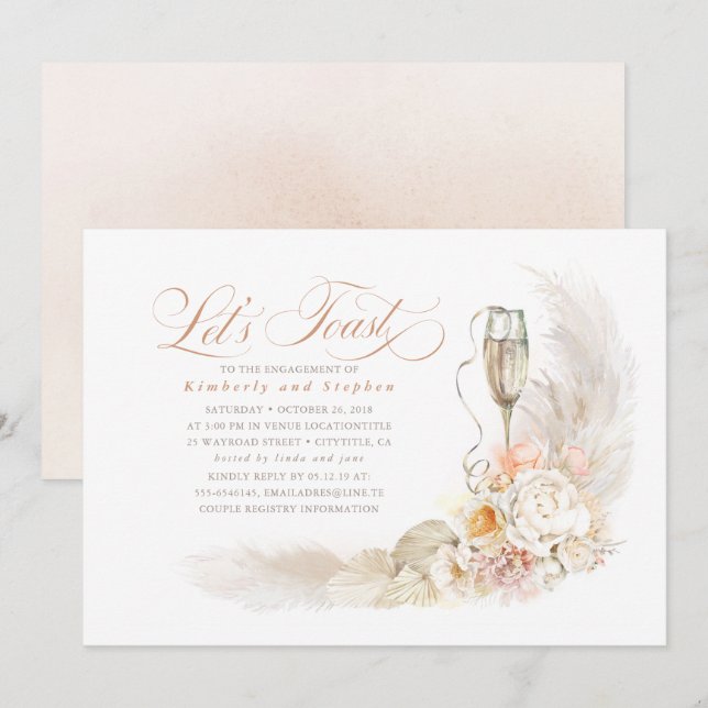 Boho Soft Flowers Pampas Grass Engagement Party Invitation (Front/Back)