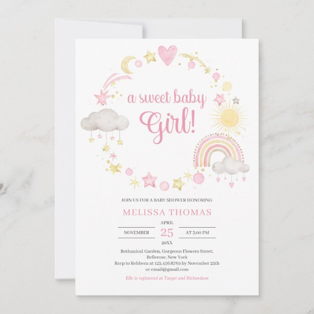 Boho soft pastel pink and yellow a sweet baby girl invitation (Front)