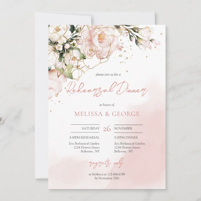 Boho soft pastel pink roses eucalyptus and gold invitation (Front)