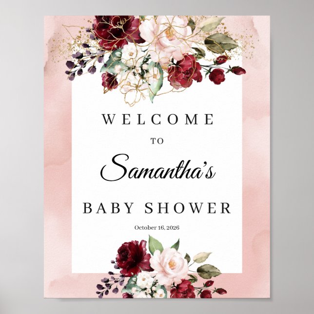 Boho soft pink floral baby shower welcome sign (Front)